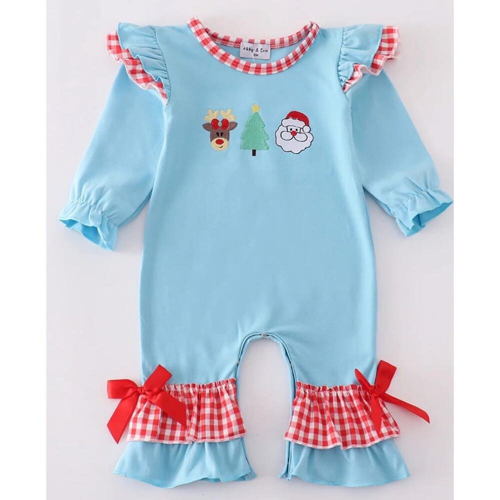 NEW‎ Boutique Abby & Evie Blue Christmas Ruffle Romper Reindeer Santa Tree 2T